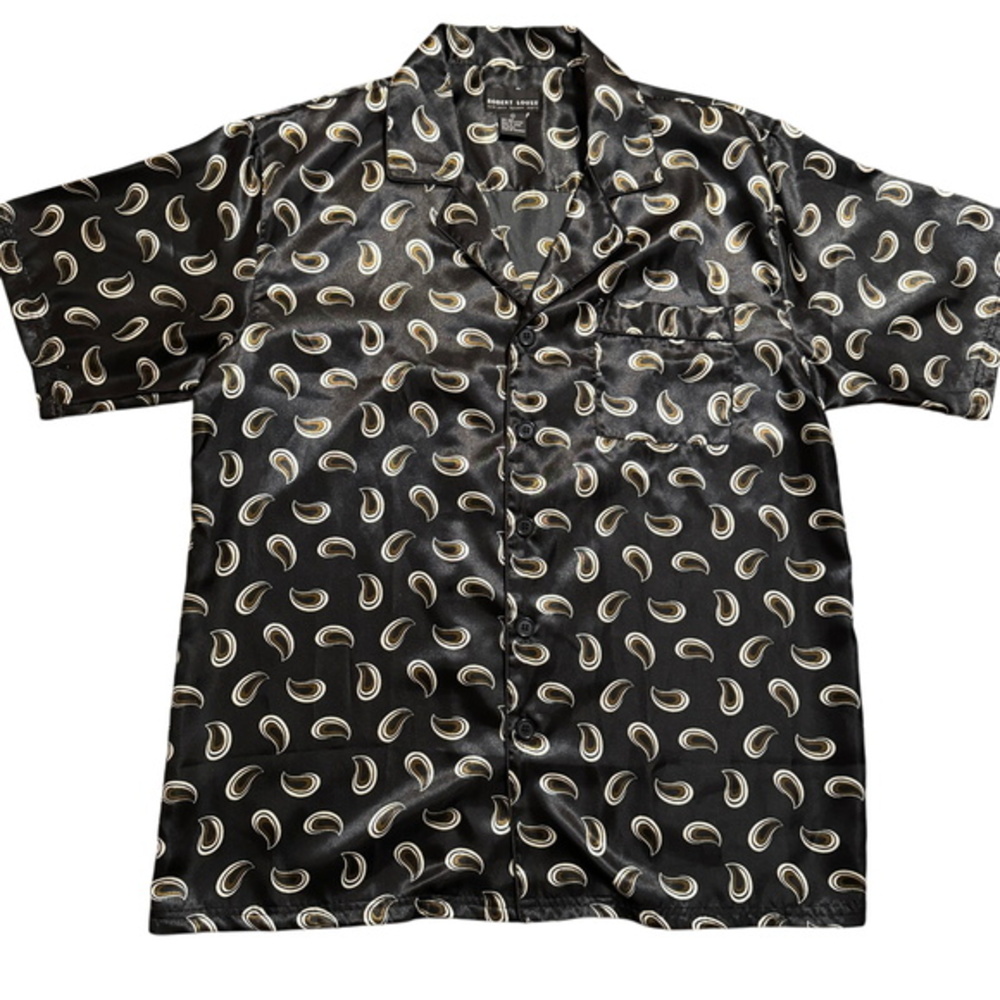 Robert Louis Pajama Top Mens Large short sleeve silk blend paisley black comfy